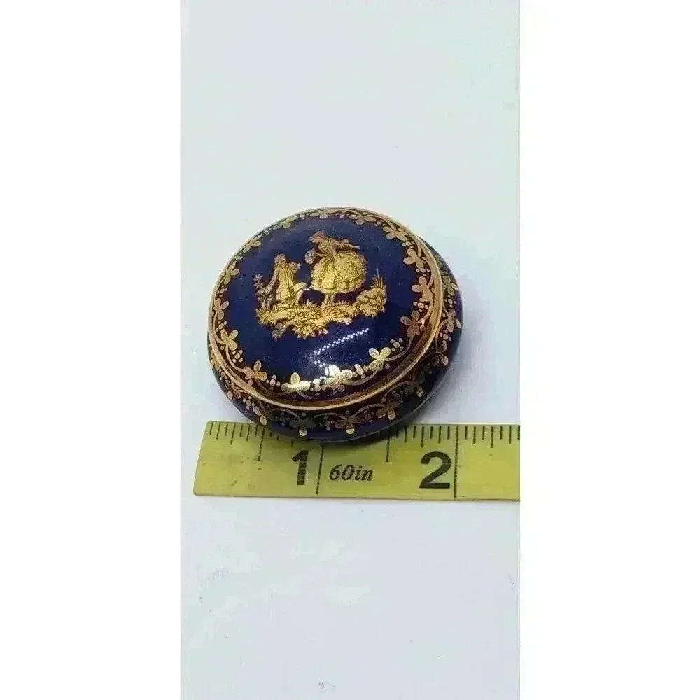 Vintage Limoges France Blue Courting Couple Trinket Pill Box Gold Trim Signed
